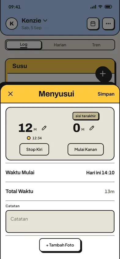 Lembar isian Menyusui dengan timer berjalan
