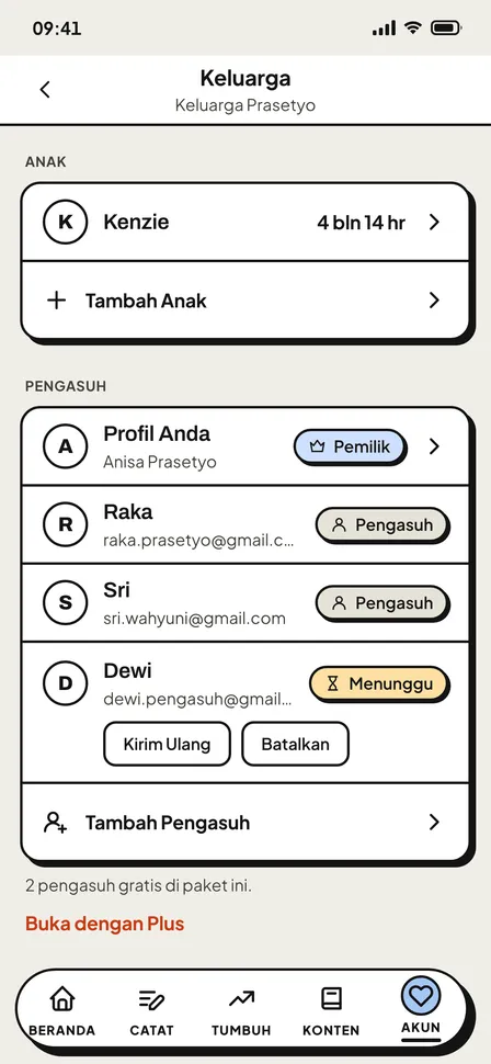 Layar Keluarga dengan daftar pengasuh